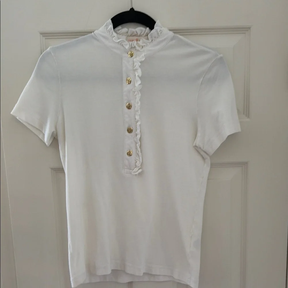 Tory Burch Sz. S White Ruffle Placket Short-Sleeve Top